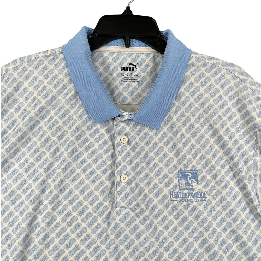 Heatherwoode Puma Performance Golf Polo Mens XXL Blue White Pineapple Print